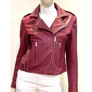 NEW NOUR HAMMOUR women's whipstitch moto leather jacket in currant